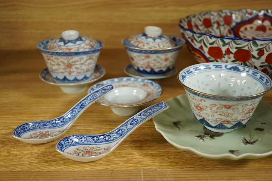 A collection of Chinese and Japanese porcelain to include 'rice grain' bowls, covers & stands and 19th century Japanese Imari, largest 25cm. Condition - mostly fair/good